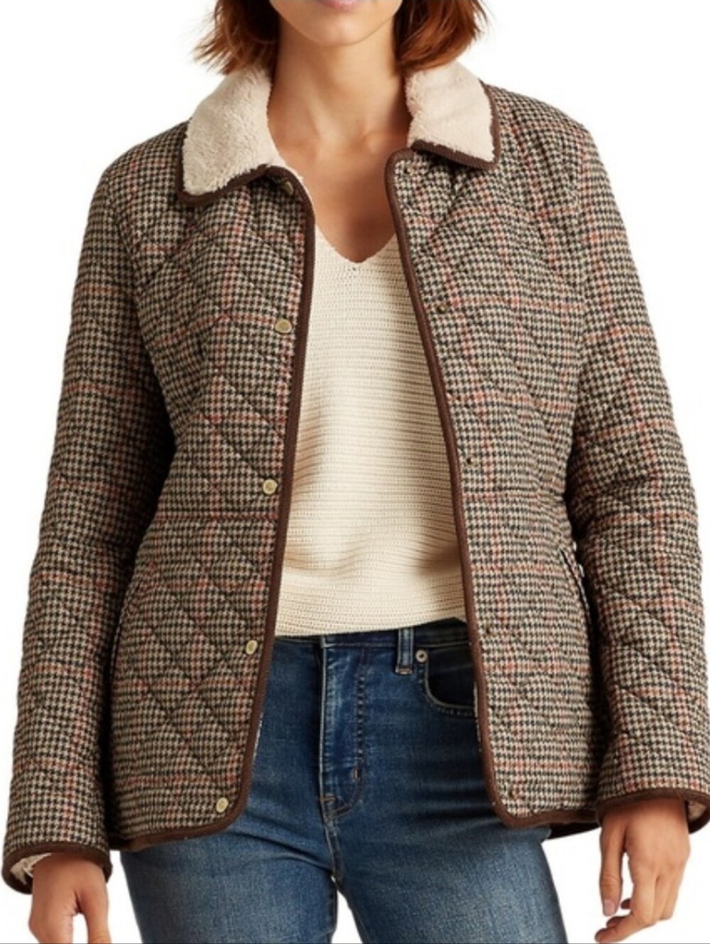 Lauren Ralph Lauren LRL Women's Quilted Jacket w/Berber Trim Box Houndstooth XL